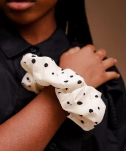 PIPE AND ROW NEW IN SILKY IVORY POLKA DOT SCRUNCHIE