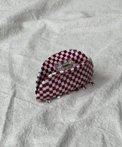PIPE AND ROW ASYMMETRICAL HAIR CLAW BURGUNDY CHECK